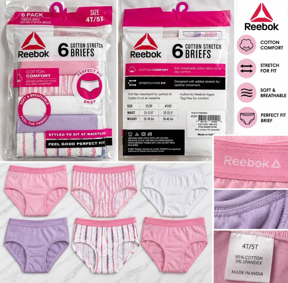 Reebok Toddler Girls 4T/5T Cotton Stretch Briefs Underwear 6 Pack Pink NWT